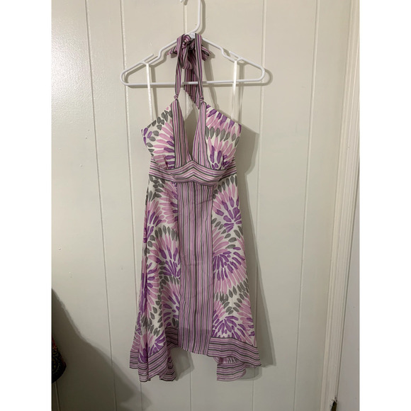BCBG Max Azria Halter Dress Sz 2 Pink Purple Gray Medalion Silk Handkerchief Hem - Picture 1 of 10